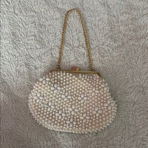 White and Gold Beaded Clutch with Chain Strap
